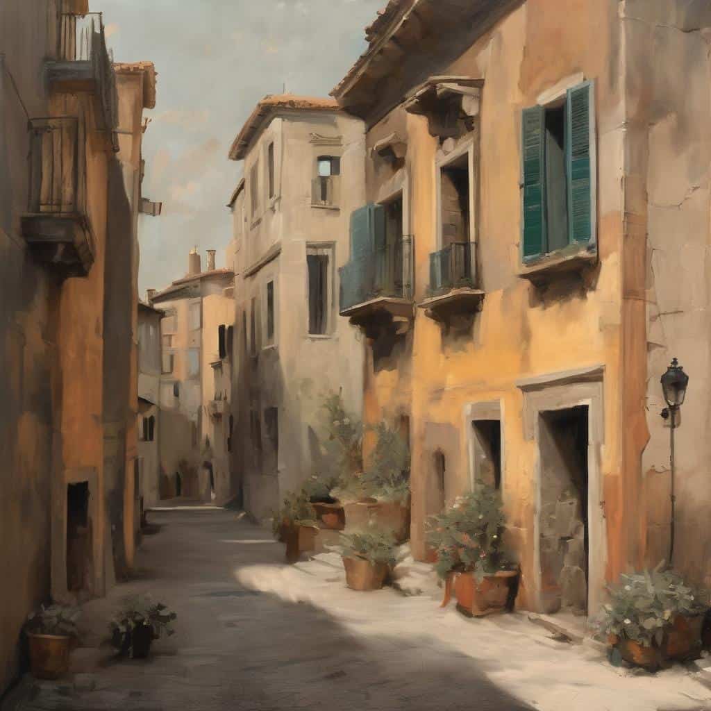 Πανοραμική εικόνα παραδοσιακής ελληνικής γειτονιάς με ανεμούς σε καλοκαιρινή ημέρα, ζωγραφισμένη σε ρεαλιστικό στυλ.