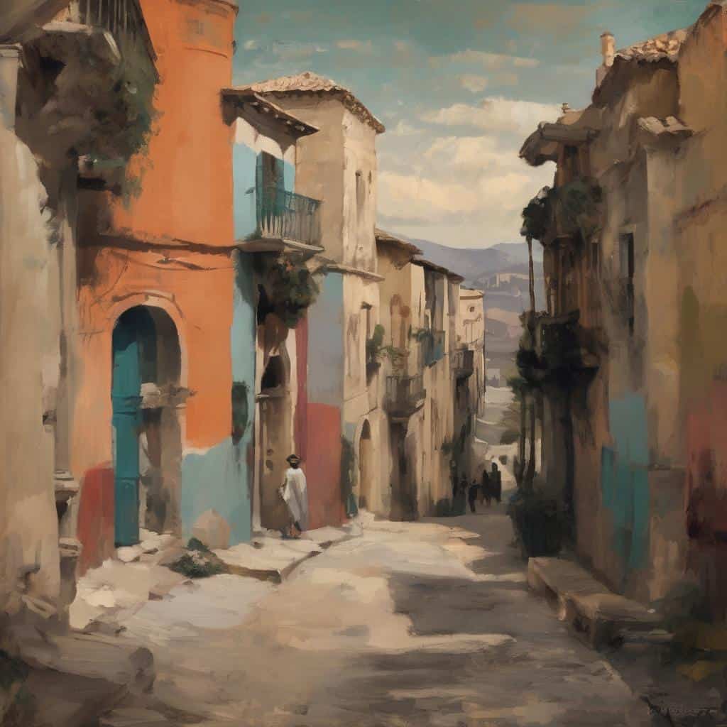 Παλιά στενά σε μικρό χωριό, ελαιογραφία, ιστορικές αναλύσεις και βιογραφίες καλλιτεχνών.