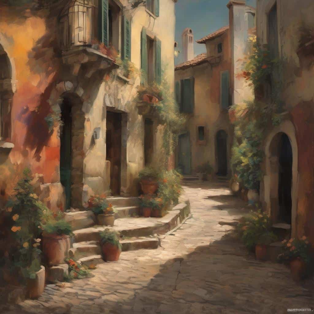 Παλιό καλλιτεχνικό τοπίο με φθαρμένα κτίρια και πολύχρωμα λουλούδια, αναπαράσταση ιστορικής ζωγραφικής.